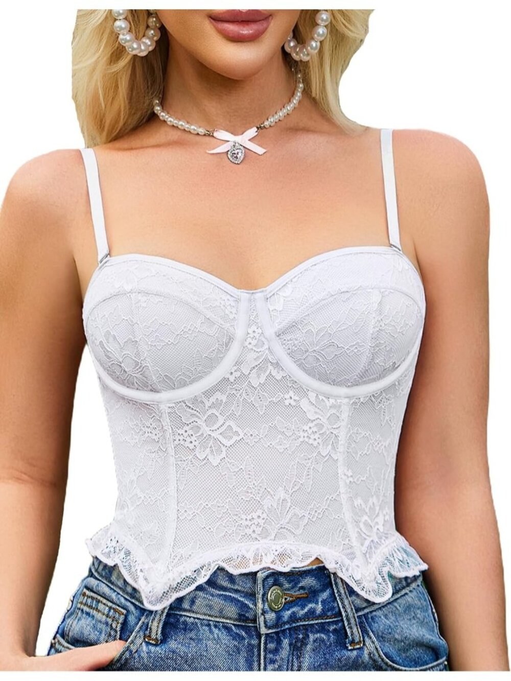 Women's White Hook and Eye Underwire Lace Sweetheart Bustier Cami Corset Top